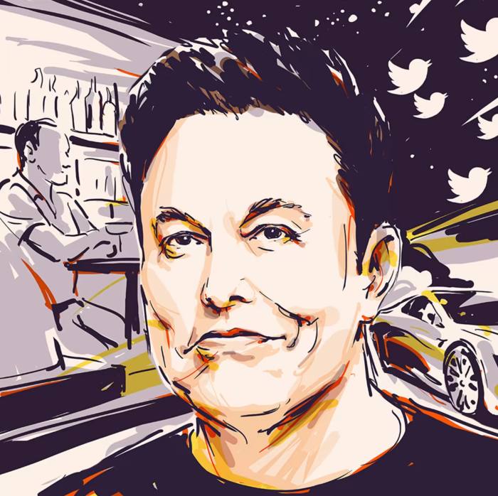 An illustrated portrait of Elon Musk