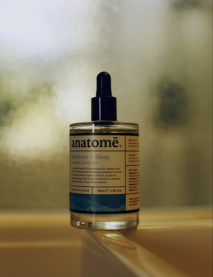 A bottle of one of Broughton’s grooming staples: Anatomē Recovery + Sleep Blue Chamomile Essential Oil, £38 for 30ml