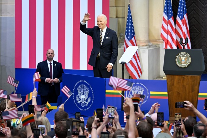 US president Joe Biden delivers a speech at Vilnius University during the Nato summit