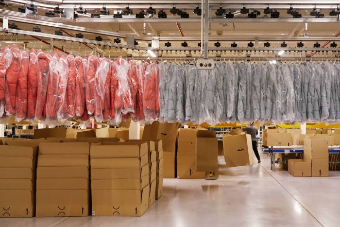 Clothes hanging on rail at Mango’s distribution centre