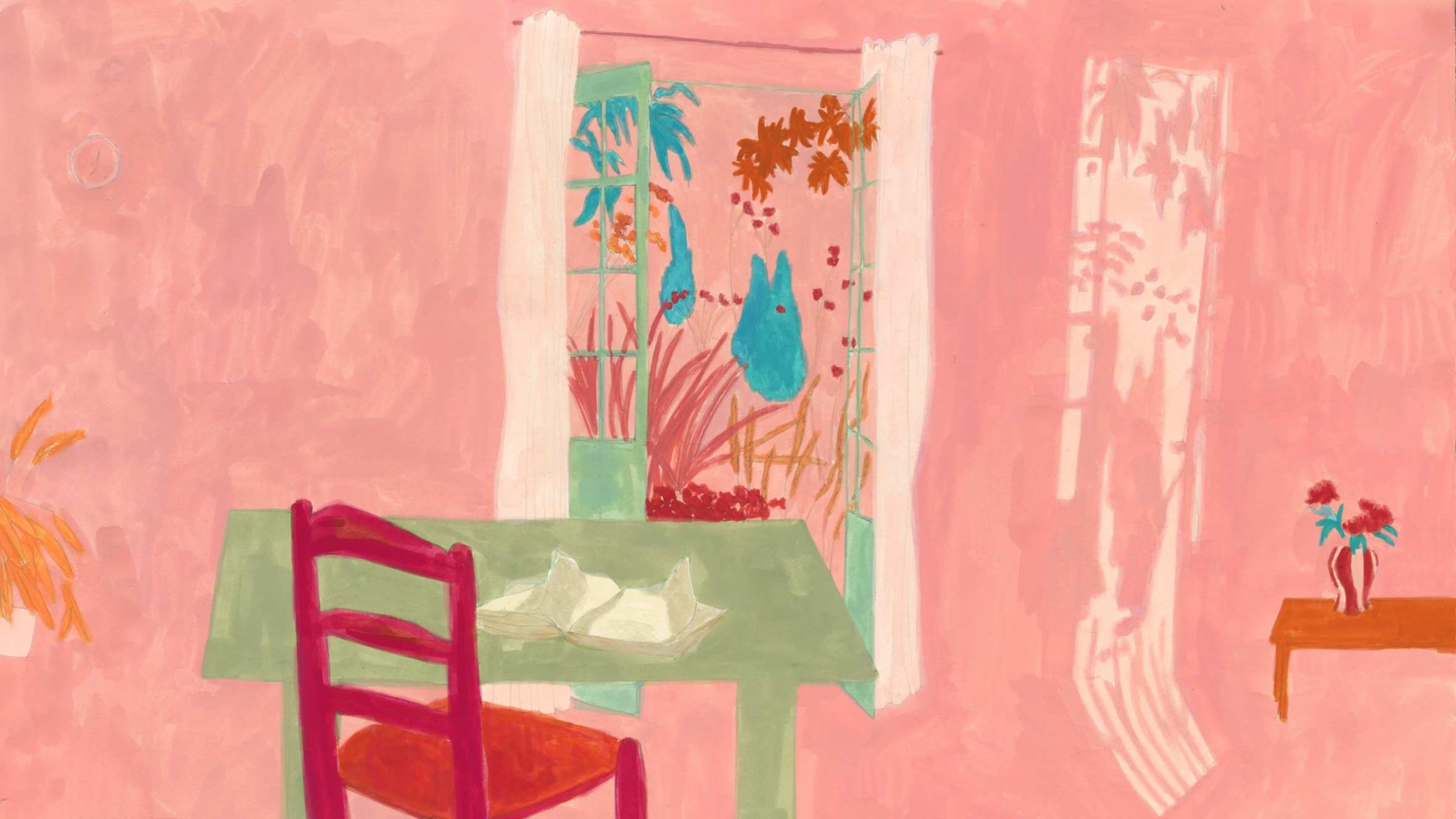 Illustration of a desk and chair looking out of an open window to a garden
