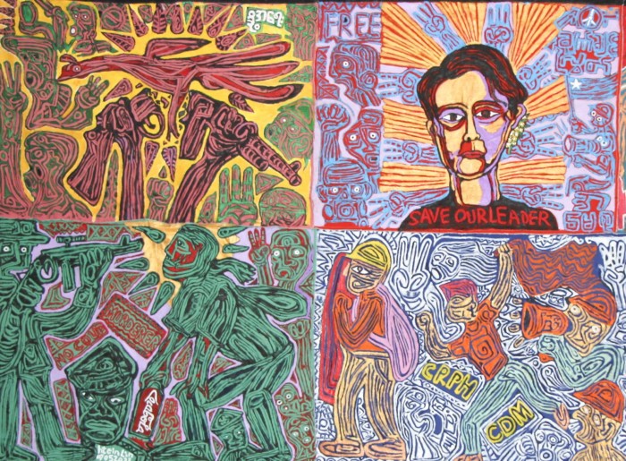 Una pintura acrílica dividida en cuatro cuadrados, cada uno con una escena abstracta relacionada con la protesta de Myanmar. 
