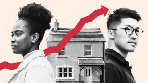 Montage image showing two people and a house, with a chart line cutting through the middle