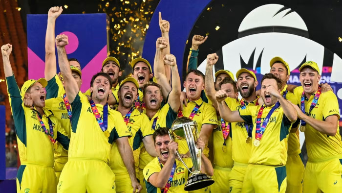The Australian team celebrates victory in the Cricket World Cup