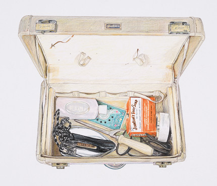 An illustration depicting a case open to reveal its contents: travel iron, hair tongs, packet of soap and so on