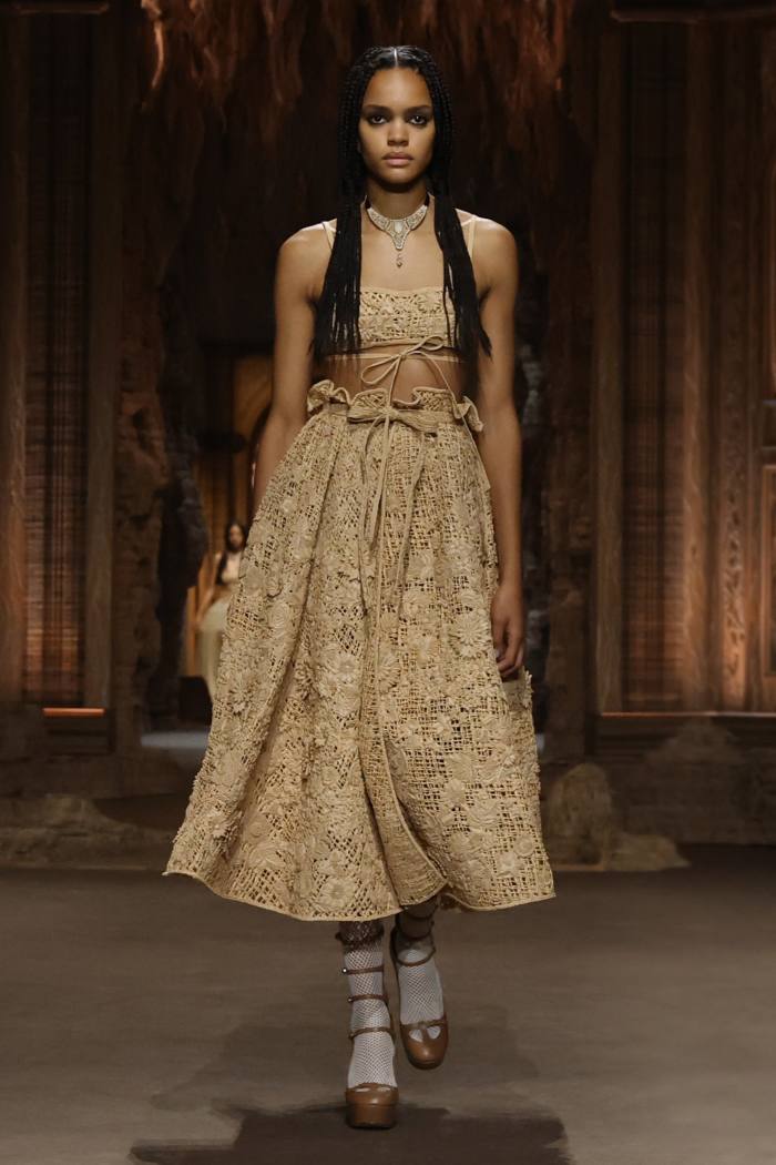 Dior embroidered raffia top and skirt, and ribbed linen shorts