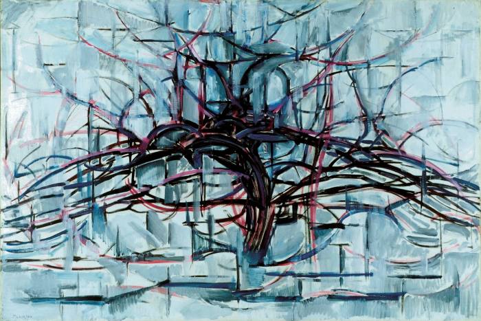 Painting of an abstract tree against a sky of blue tiled shapes