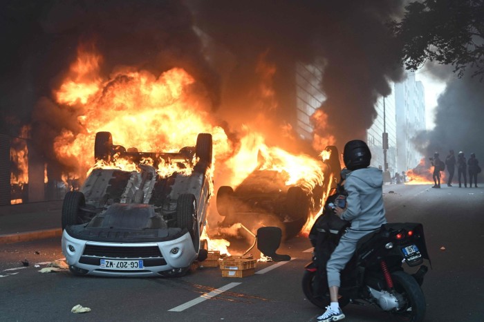 Cars on fire in Nanterre, Paris
