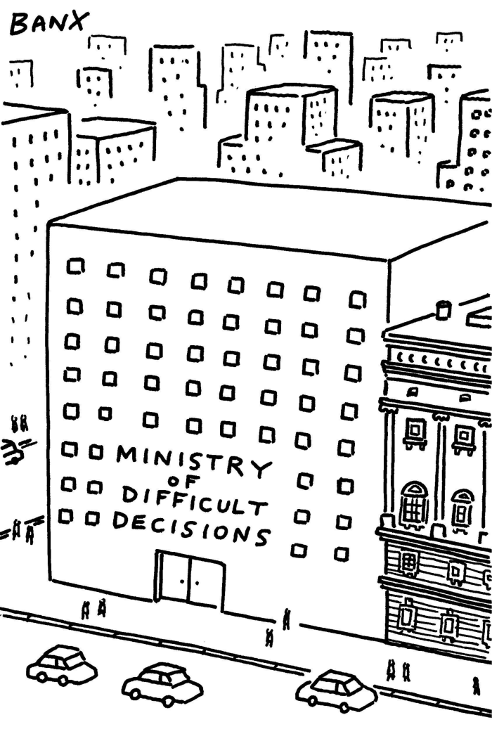 Banx cartoon showing cars passing by a large government building: Ministry of Difficult Decisions