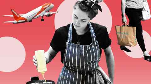 A montage showing a member of staff preparing food, an easyJet plane and a person with a Primark shopping bag