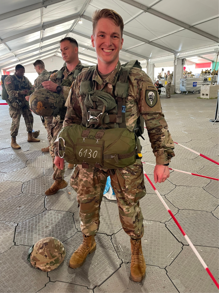 Nathan Frei before a parachute jump in 2021. The former soldier is one of 230,000 personal injury claimants suing 3M, alleging the company sold the army faulty earplugs that caused hearing loss