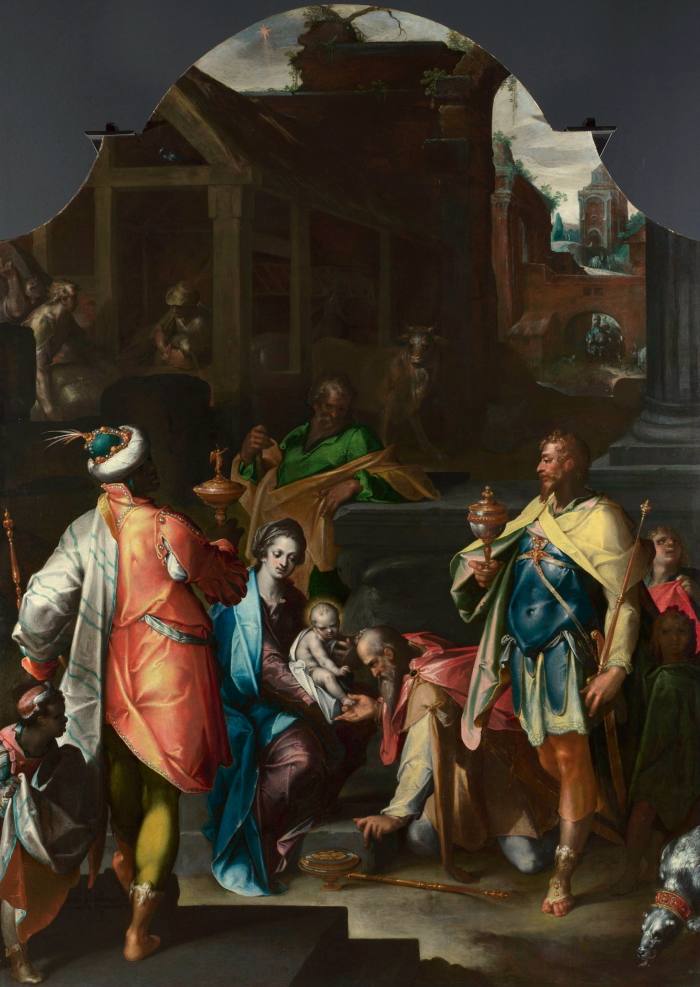 Oil painting of three men in bright clothes offering gifts to a baby in the lap of a woman in, yes, a blue robe