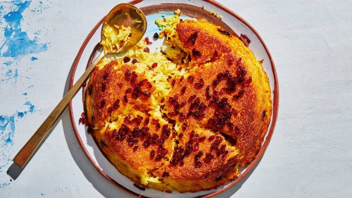 Andy Baraghani’s recipe for tachin (crunchy baked saffron rice with barberries)