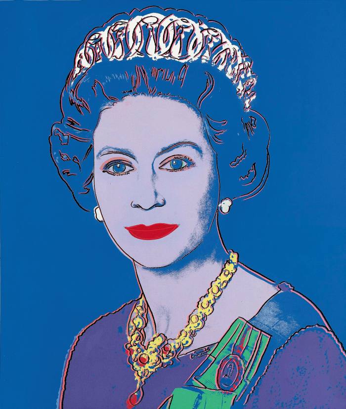Painting of a woman with purple skin and blue hair on a blue background