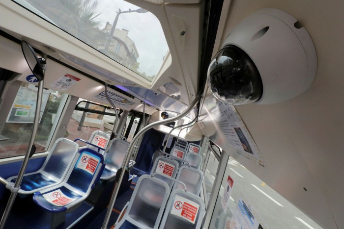 A camera for facial recognition on a bus in Cannes during the outbreak of the coronavirus in France last April