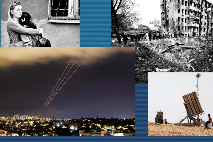 Top two pics: Kharkiv residents after missile attack in April; damage in Kharkiv after Jan attack; below Iranian missiles over Ashkelon in Israel and Iron Dome battery in southern Negev desert