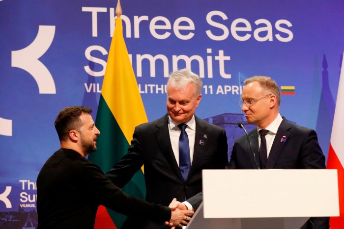 Volodymyr Zelenskyy, Gitanas Nausėda and Andrej Duda, the presidents of Ukraine, Lithuania and Poland respectively, at the Three Seas summit in Vilnius