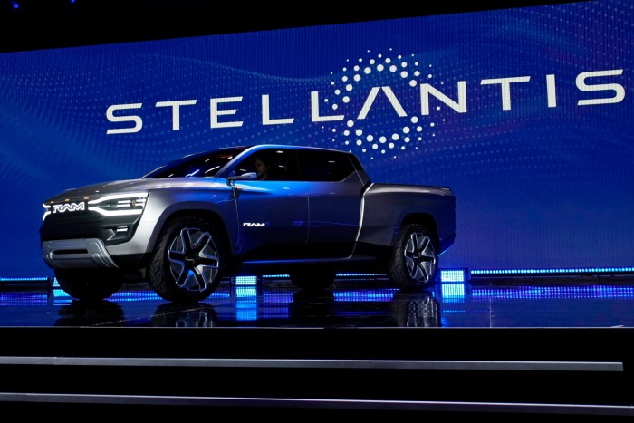 The Ram 1500 Revolution electric pick-up truck is displayed by parent company Stellantis at the CES trade show in Las Vegas 