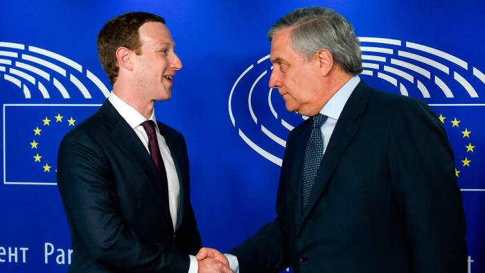 Facebook chief executive Mark Zuckerberg with then European Parliament president Antonio Tajani before a 2018 hearing on a data privacy scandal