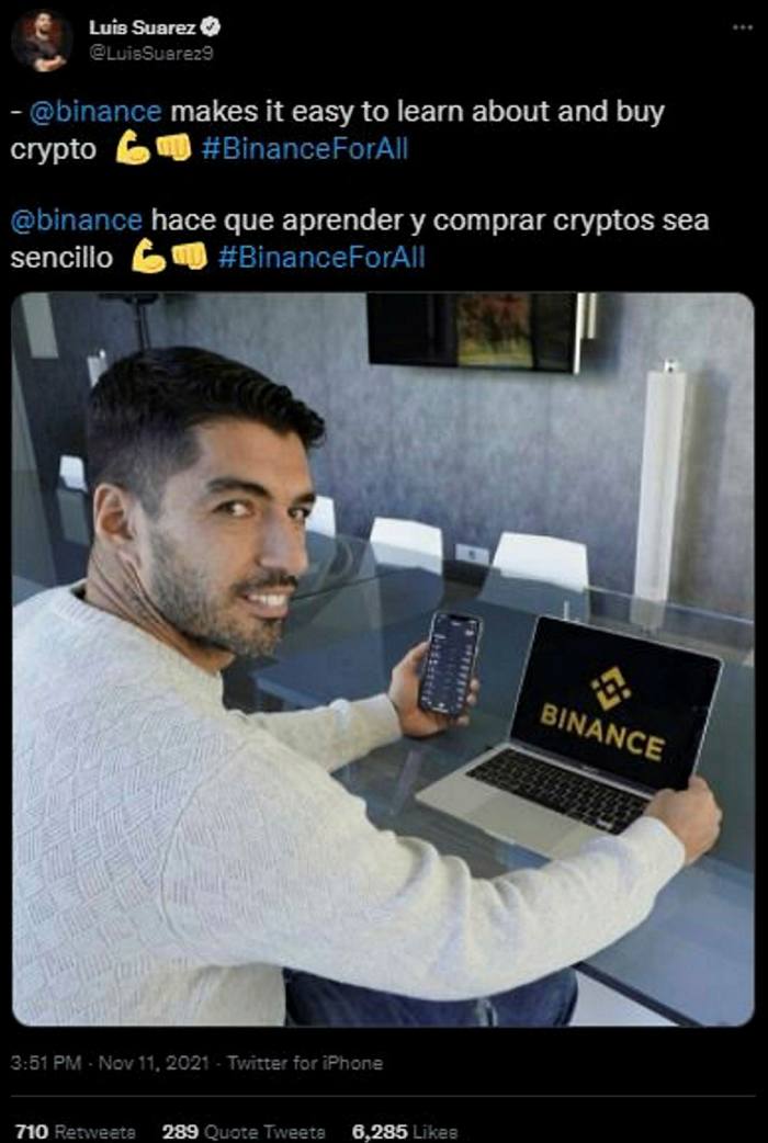 Luis Suarez has tweeted an image of himself promoting crypto exchange Binance