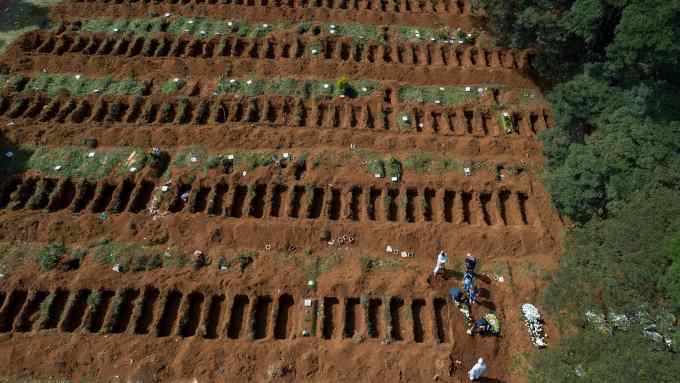 Freshly dug graves at the Vila Formosa cemetery in São Paulo, Brazil