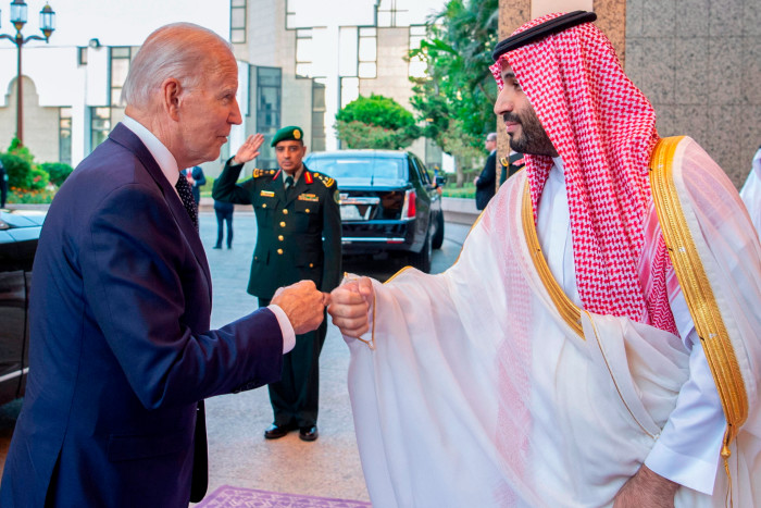 Saudi Crown Prince Mohammed bin Salman greets President Joe Biden