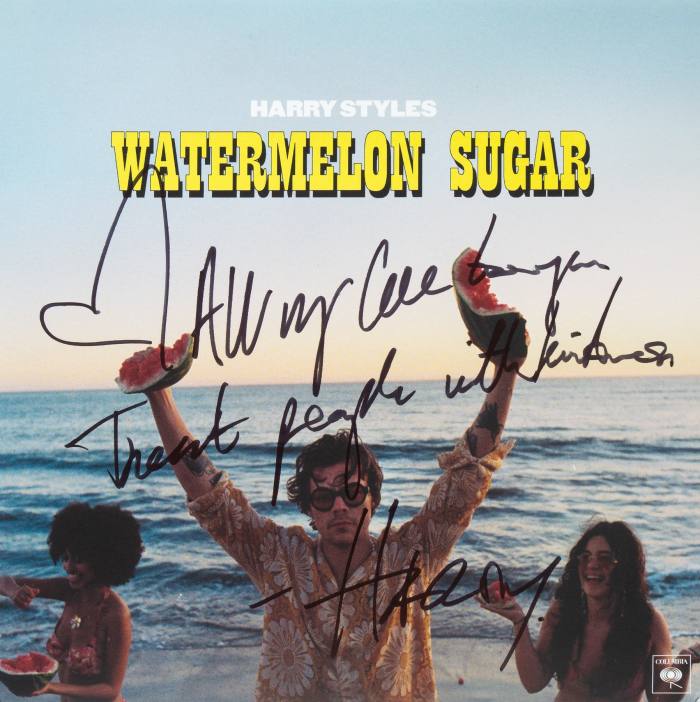 A signed copy of Harry Styles’s single “Watermelon Sugar”, on sale along with a signed Gibson electric acoustic guitar (estimate $3,000 to $5,000)