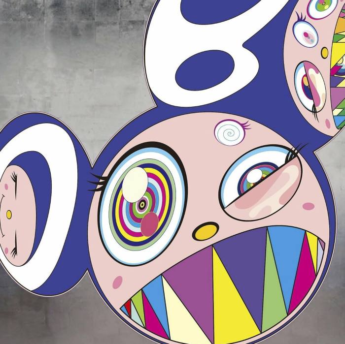A Japanese anime style face with multicolored teeth and ears that are smaller faces.