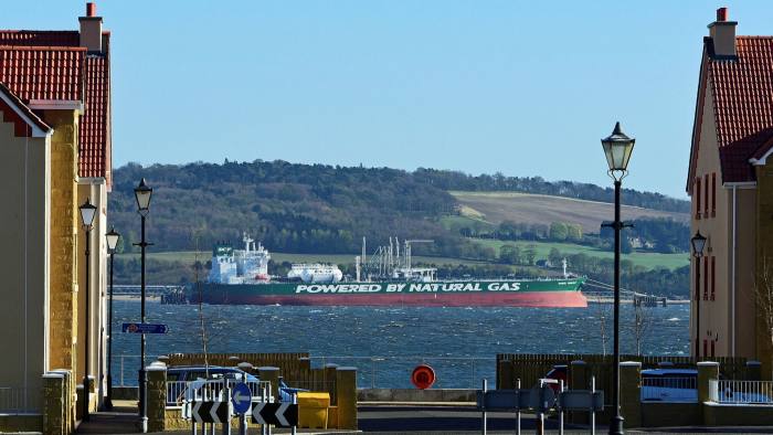 A Russian-owned gas-powered oil tanker berthed in the Forth estuary, Scotland