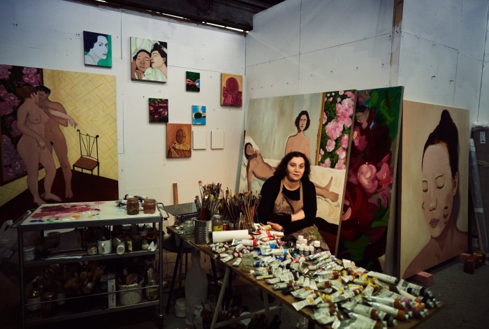 Victoria Cantons in her studio in Brixton. Large artworks, from far left, The Order of Love Or While The World Burns Outside (2020-21). Le Visage De L’Amour Or The Maze (2021). What Survives of Us (2020). Left: A New Landmark (2020)