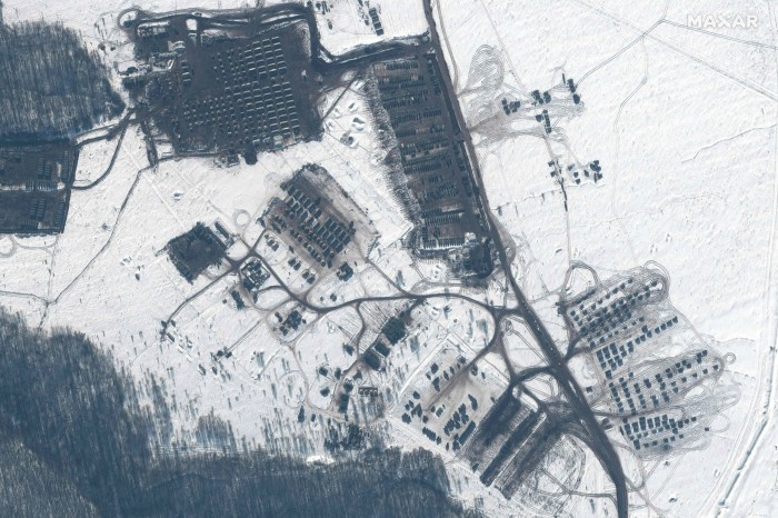 A satellite image shows Russian troops and equipment in Kursk training area near the Ukraine border on February 14
