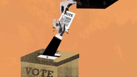 Illustration of a hand coming out of a ballot box pushing away voter’s slip