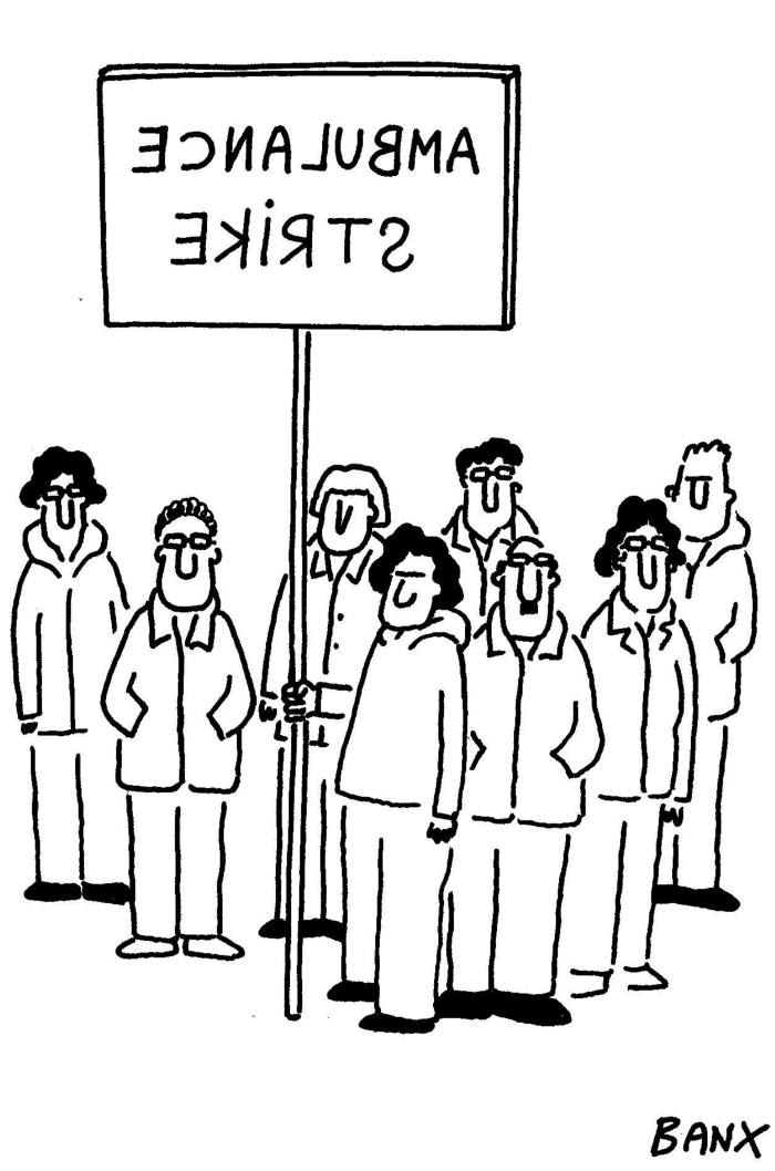 Cartoon of NHS workers on strike, holding a placard that says ‘Ambulance strike’ spelled backwards
