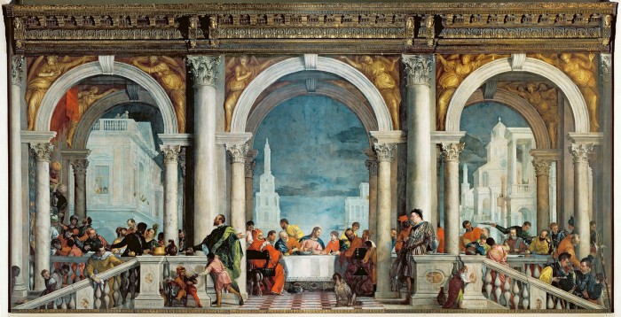Christ is seated in the center of a table where a multitude of characters are feasting.  The table sits behind three ornate arches, with blue skies and city towers in the background