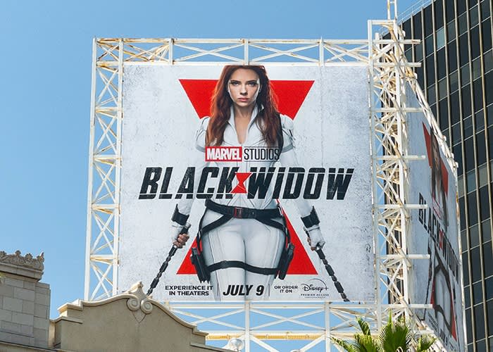 View of a billboard above the El Capitan Entertainment Centre promoting Marvel Studios’ ‘Black Widow’ in Hollywood, California