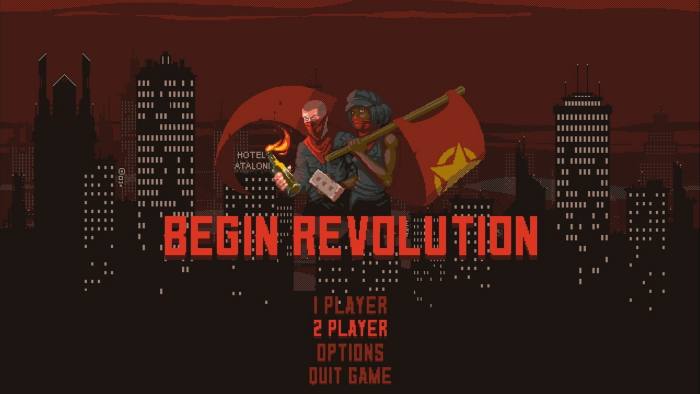 An image from a video game shows two masked figures holding a brick and a petrol bomb and waving flags, with the words ‘Begin revolution’ in a Soviet-style typeface