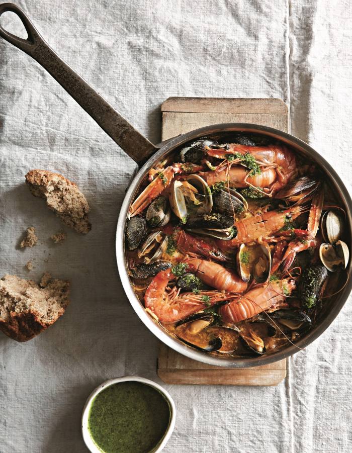 Shellfish stew with parsley oil, from Fish and Seafood To Share