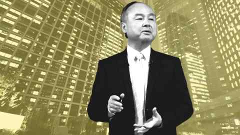 A montage of Masayoshi Son in front of a SoftBank building