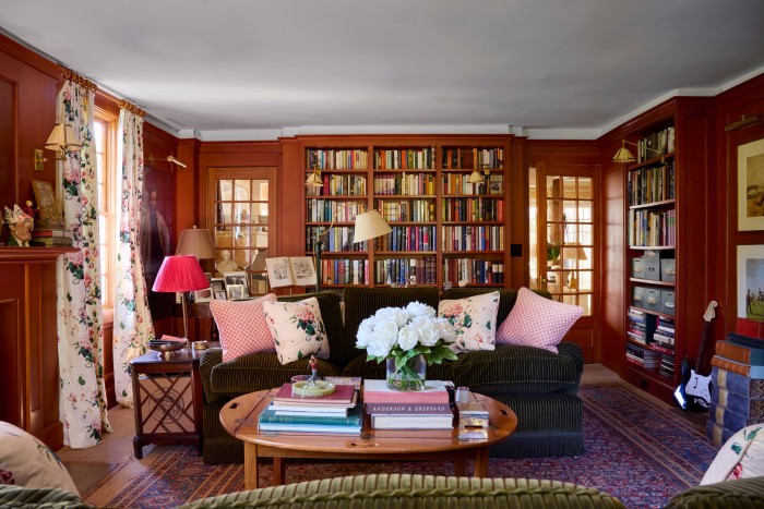 The book-lined TV room