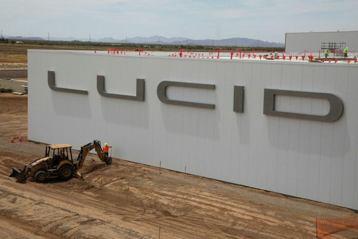 A backhoe outside a Lucid Motors plant in Arizona