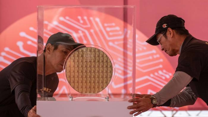 An advanced chip wafer displayed at a ceremony in Taiwan, the world’s largest semiconductor producer