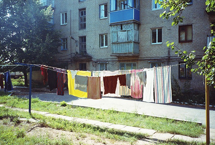 Clothes dry on a line in the salt-mining town of Soledar, north of Bakhmut, summer 2011
