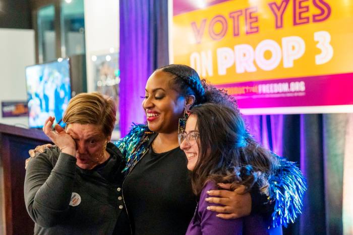 Supporters react as preliminary results come in on Tuesday for Michigan Proposal 3, in which voters chose to enshrine the right to abortion in the state’s constitution