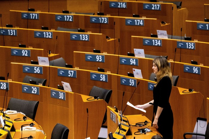 A woman talks during a plenary session at the European parliament in Brussels