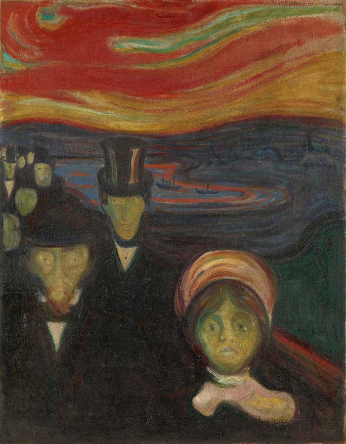 A woman and two men in Victorian attire stare off the screen with a swirling red and yellow sky beyond