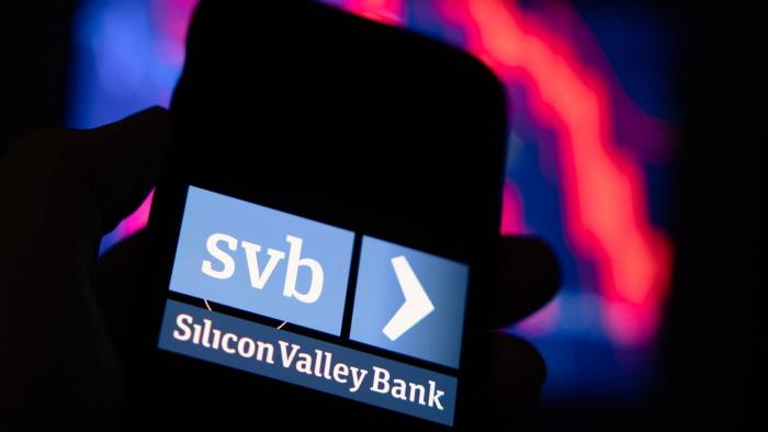 The Silicon Valley Bank logo on a smartphone