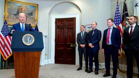 President Joe Biden speaks about AI at the White House this month. Looking on, from left, are Adam Selipsky, CEO of Amazon Web Services; Greg Brockman, President of OpenAI; Nick Clegg, President of Meta; and Mustafa Suleyman, CEO of Inflection AI