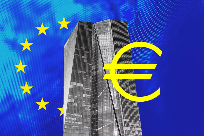 یورو کرنسی کا لوگو نمایاں کرنے والا ایک مونٹیج 