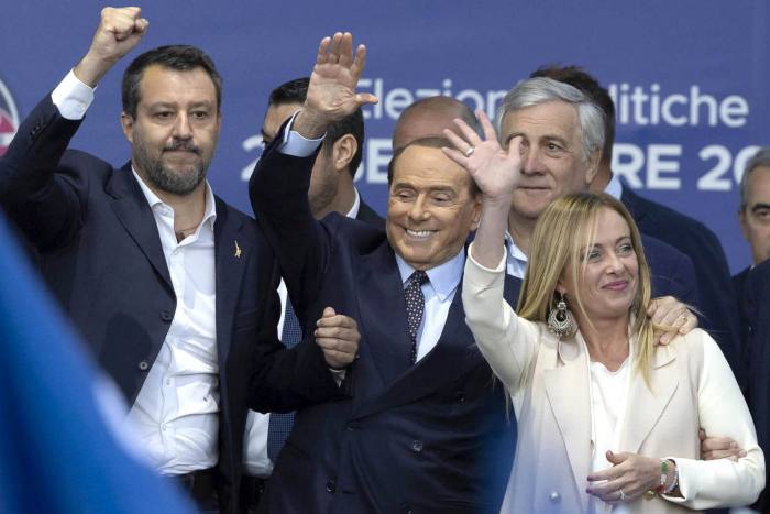 Matteo Salvini, left, and Silvio Berlusconi join Meloni at a rally in Rome last week