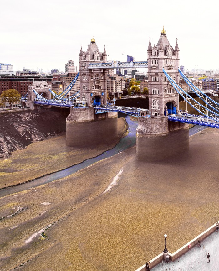An illustration imagining an almost completely dry River Thames running under Tower Bridge